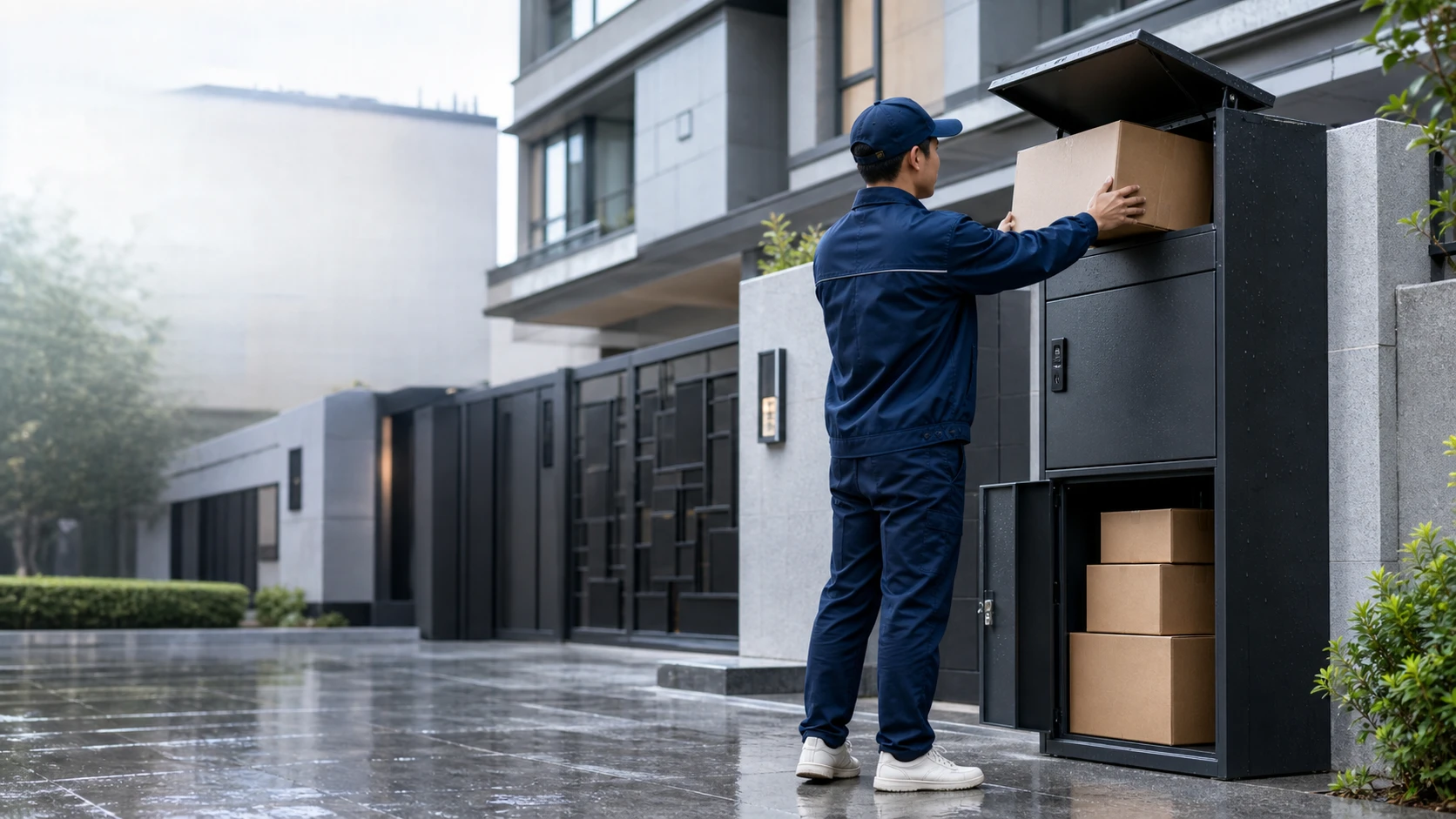 Extra large lockable parcel box receiving oversized packages at an outdoor residential and commercial entrance