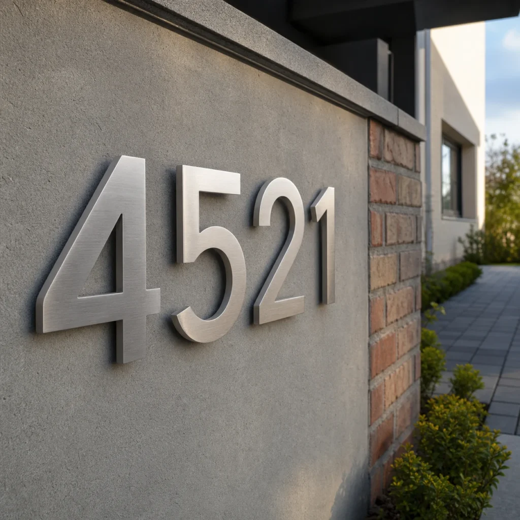 Large floating brushed metal house numbers installed on brick and concrete exterior walls