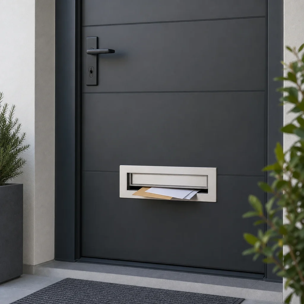 Built-in mail slot fitted into a modern front door for homes, villas, apartments, and rental properties