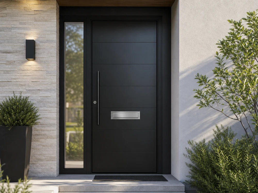 Brushed stainless custom mail slot installed on a modern black residential front door
