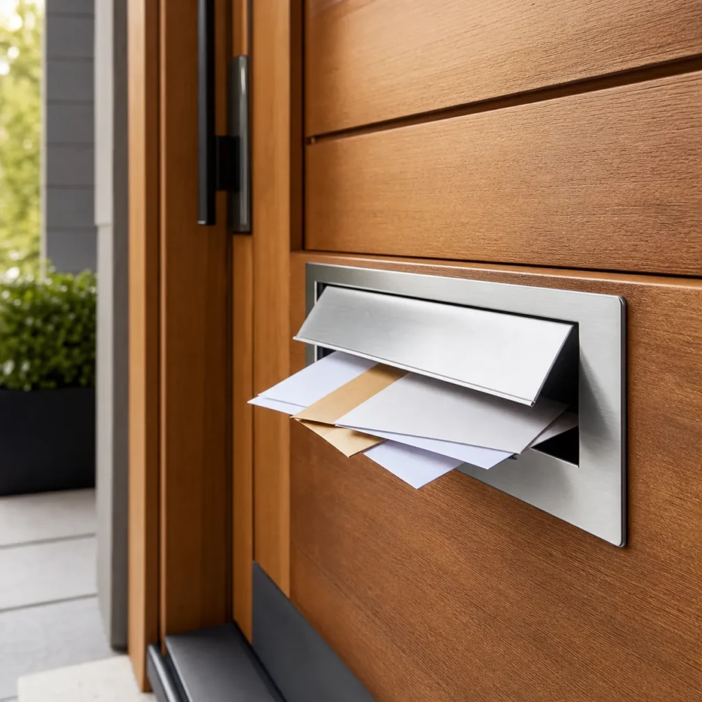 Brushed metal mail slot installed in a modern residential front door for daily letter delivery through wooden, steel, or composite doors
