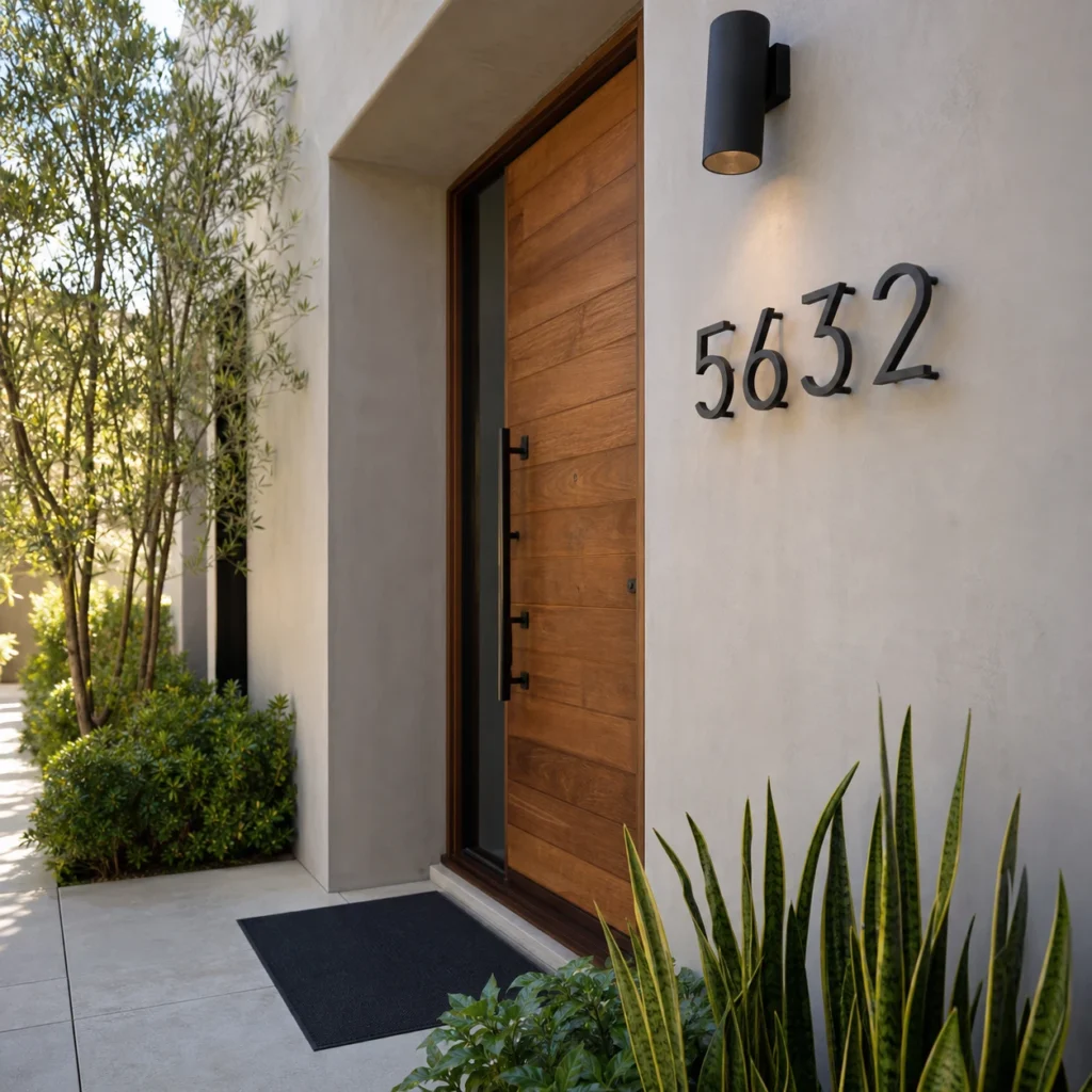 Modern front door with clean floating stud mount address numbers for homes and apartments