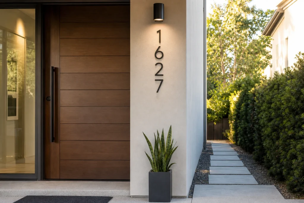 Matte black vertical house numbers beside a modern front door, creating a clean address display for porch walls and home entrances