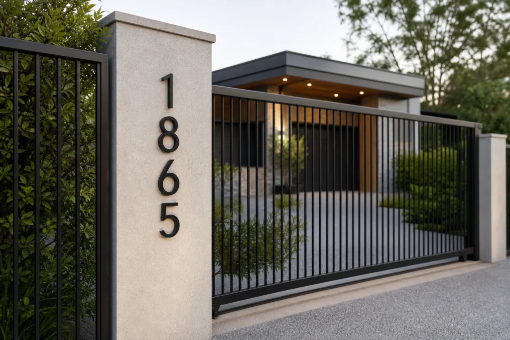 Vertical house numbers fixed to a narrow gate pillar beside a driveway gate and fence for high-contrast property identification