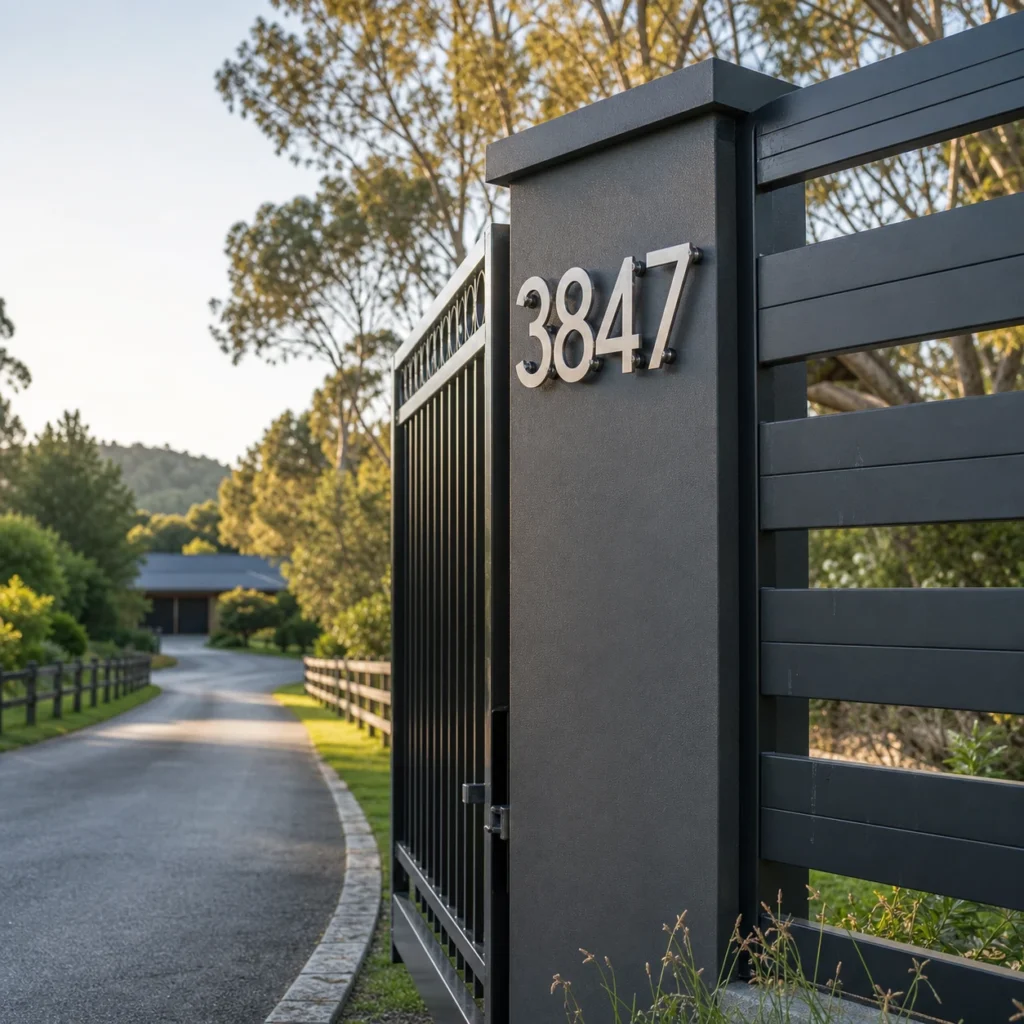 Visible outdoor stud mount address numbers on gate and fence areas for villas farms warehouses and entrances