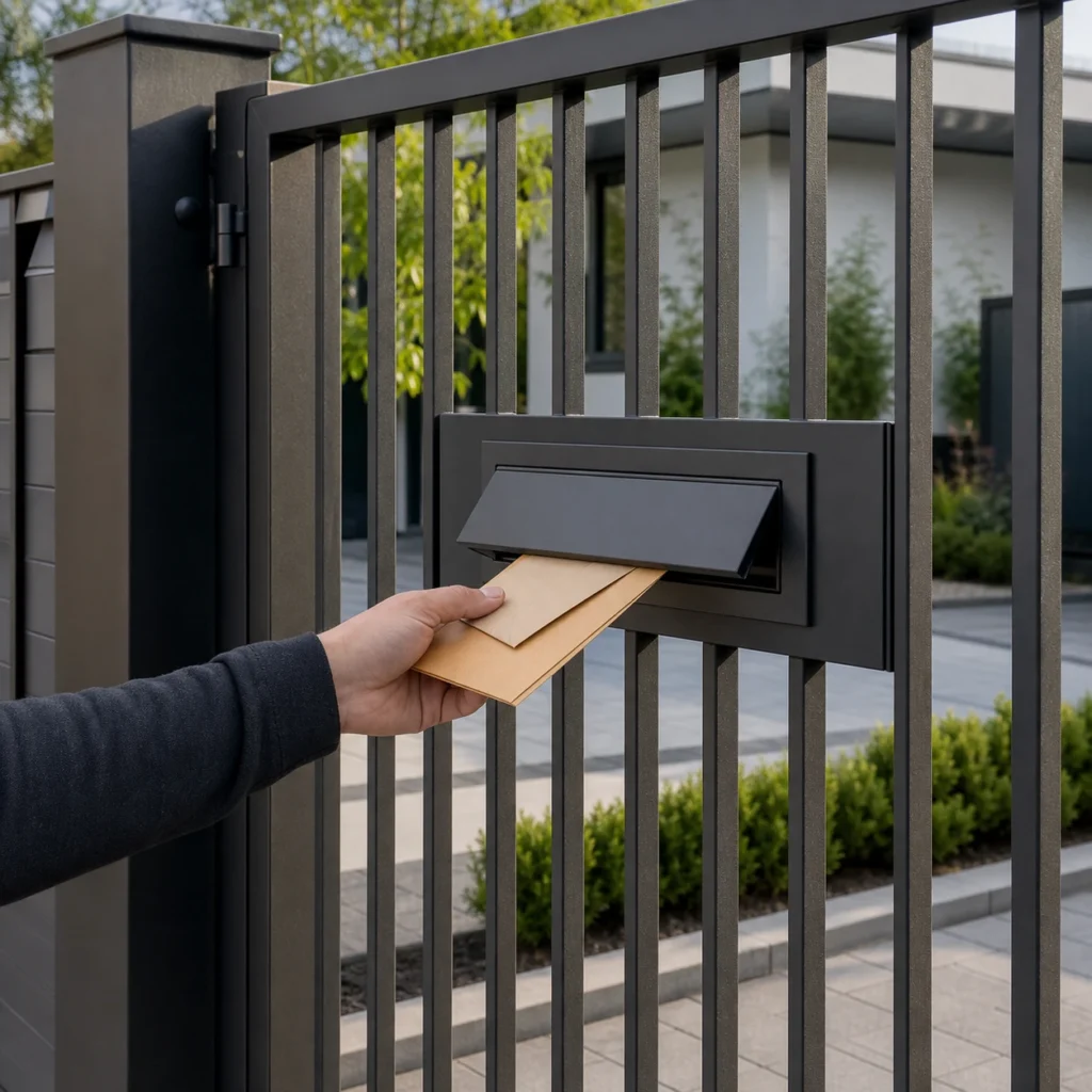Weather-resistant built-in mail slot integrated into a metal gate panel for outdoor entrance systems