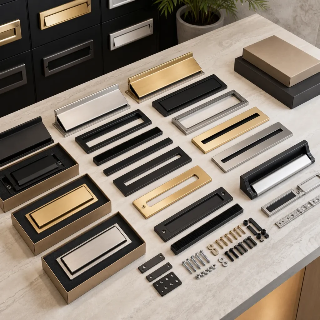 Coordinated mail slot flaps, covers, trims, brush inserts, decorative plates, screws, and retail hardware kits for hardware brands