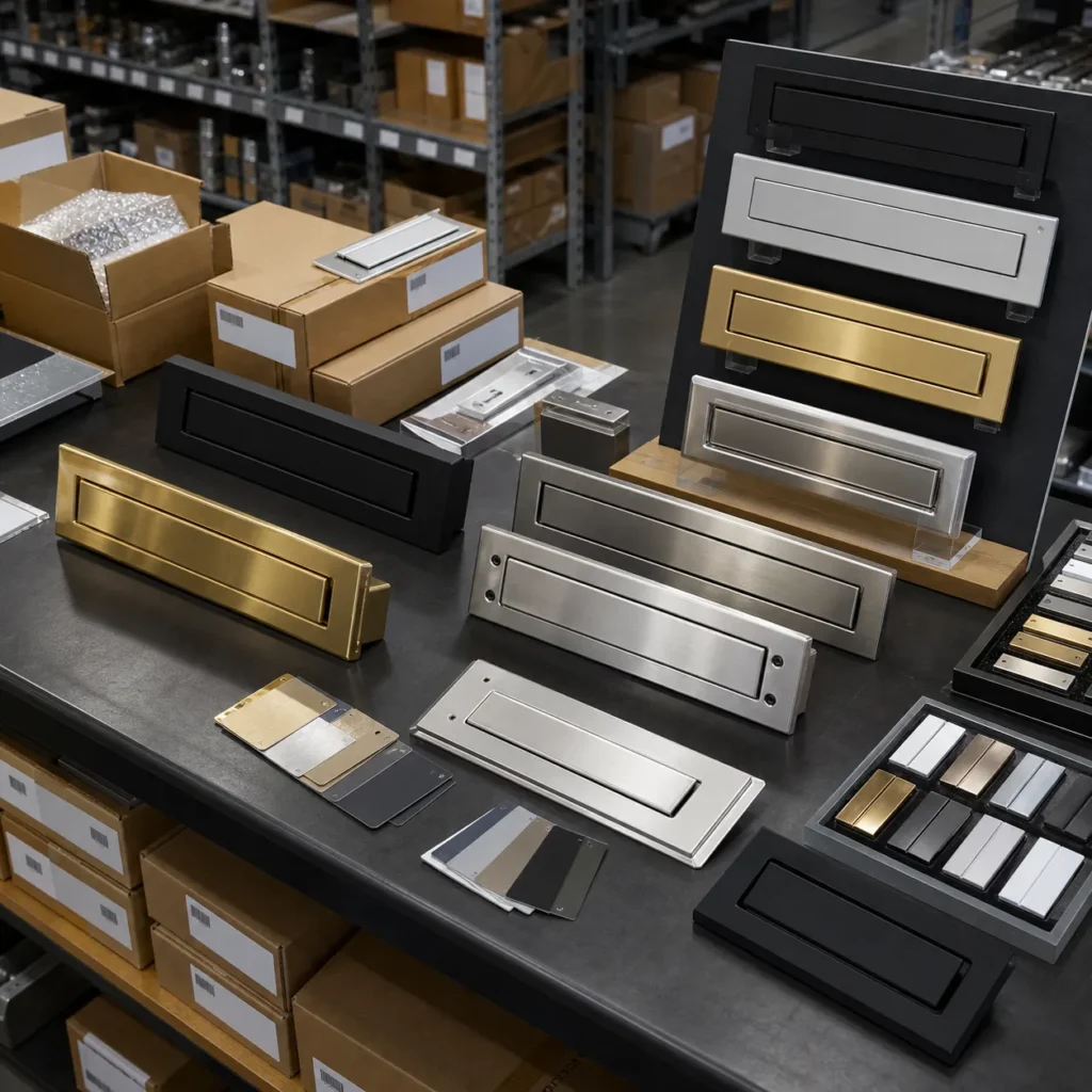 Metal mail slot product range with stainless steel, brass, matte black, and aluminum finishes prepared for wholesalers, door hardware suppliers, and replacement part programs