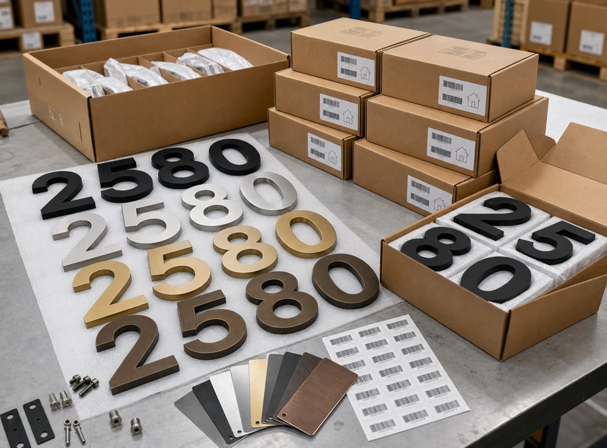 Bulk large house numbers with custom finishes packaging barcode labels and OEM supply materials for hardware distributors