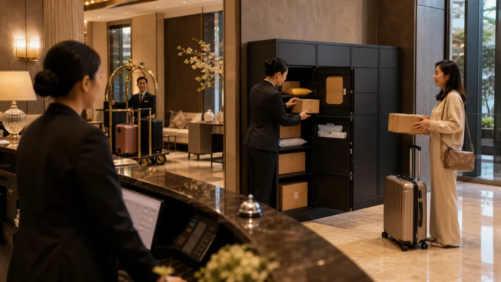 Hotel staff using an extra large secure parcel box to organize guest packages in a serviced apartment or hospitality lobby