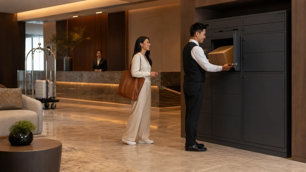 Hotel staff managing guest packages with a secure large parcel box in a serviced apartment or hospitality lobby