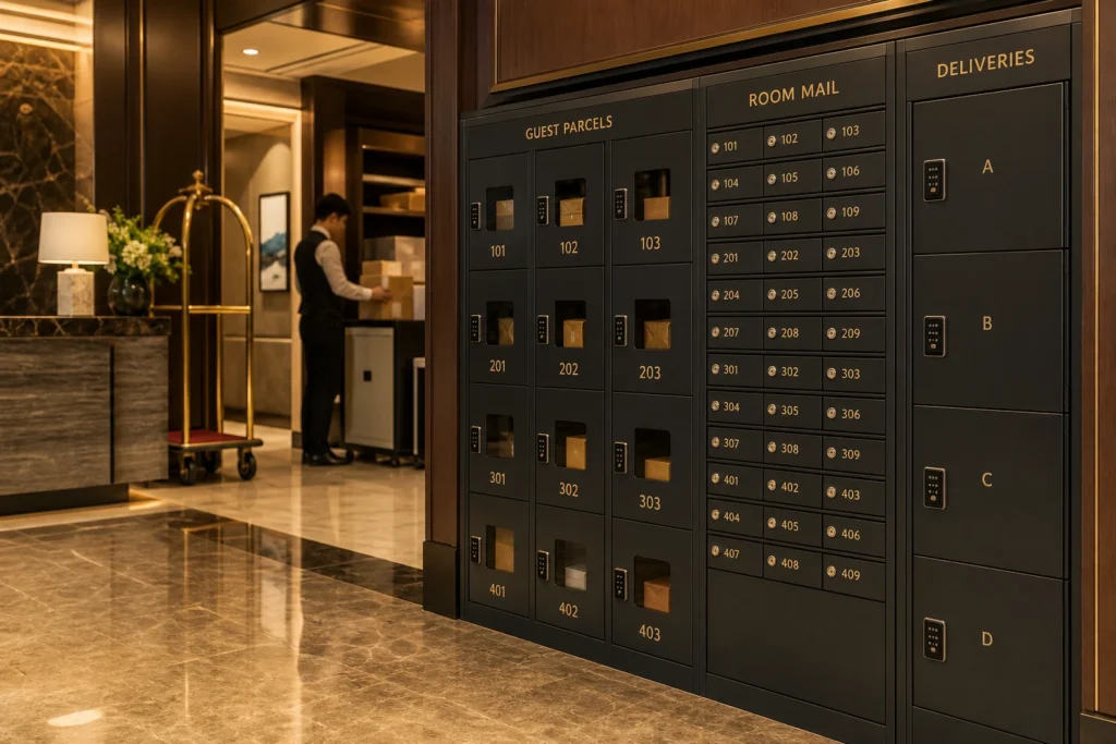 Hotel parcel storage area with guest parcel signs, room mail labels and delivery decals for organized package management