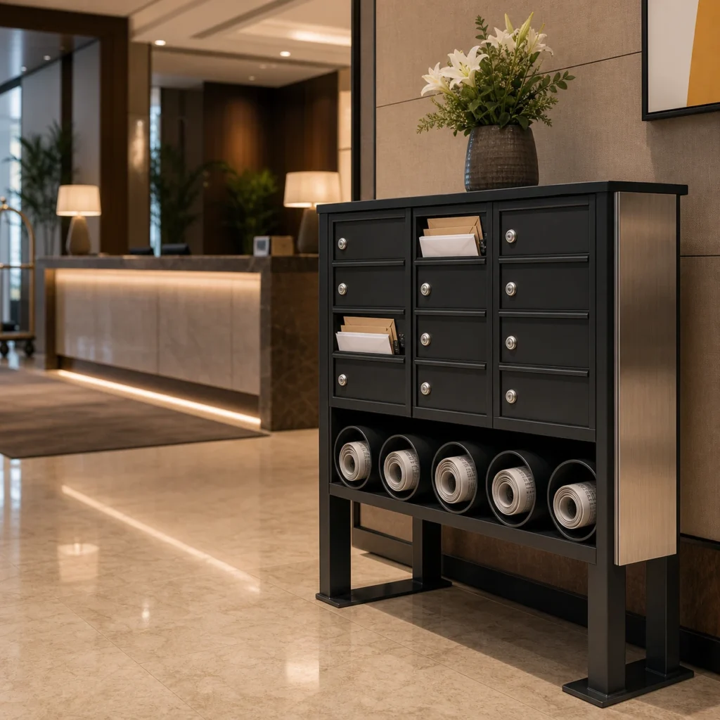 Hotel lobby mailbox cabinet with dedicated newspaper holders keeping guest envelopes and newspapers secure and easy to manage