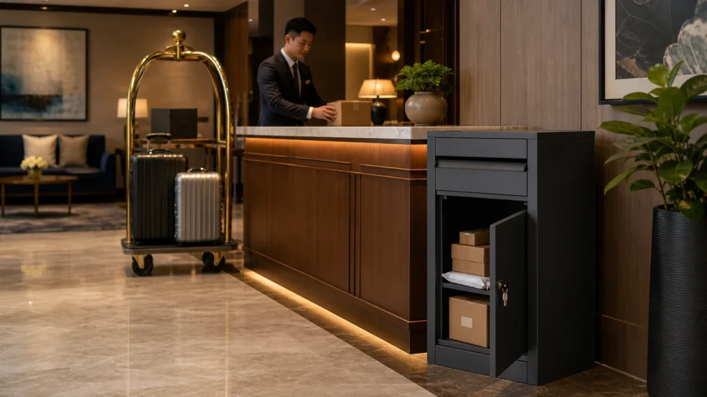 Hospitality medium parcel box solution for hotels, serviced apartments, and guest accommodation package storage areas.