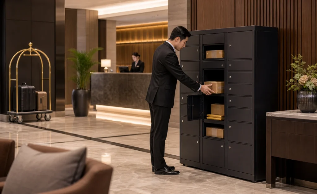 Hotel lobby parcel letterbox cabinet keeping guest packages secure organized and easy for staff to manage