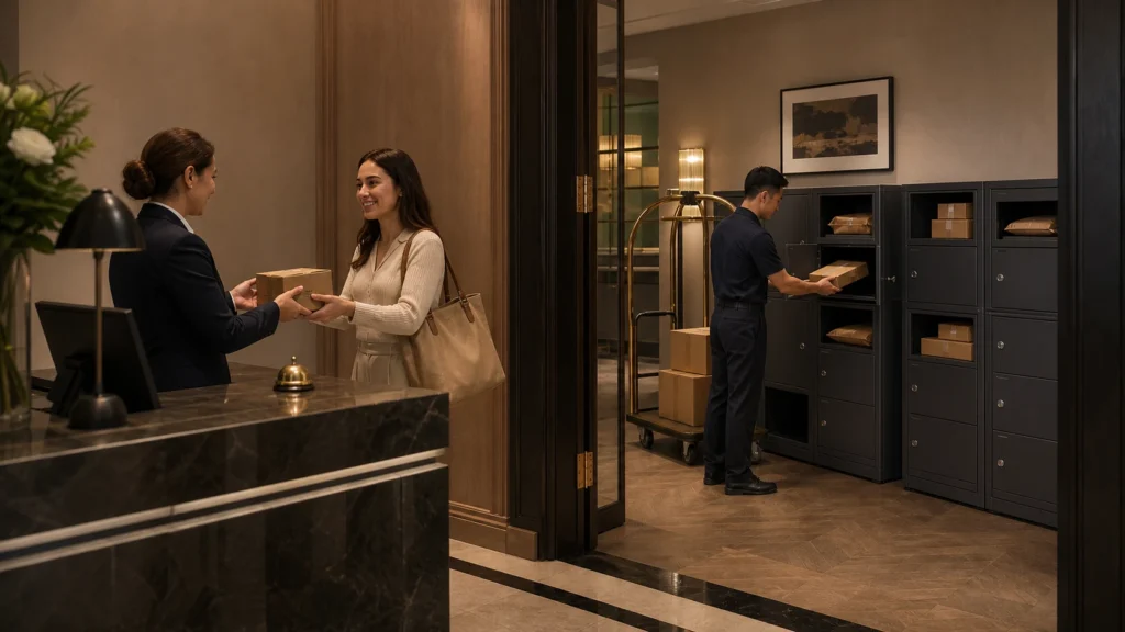 Hotel parcel storage area with secure small parcel boxes helping staff keep guest packages easy to find and simple to manage.