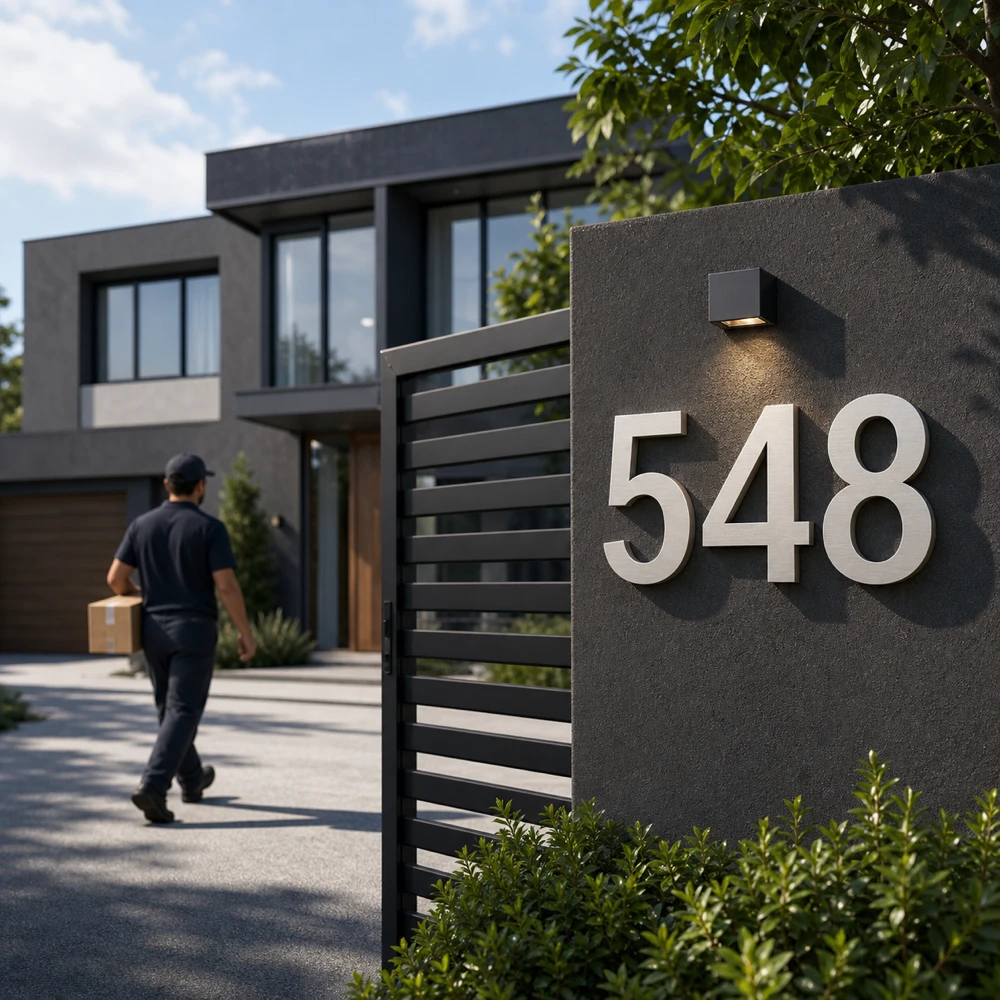 Large exterior house numbers mounted near a front entrance improving distance recognition and modern curb appeal