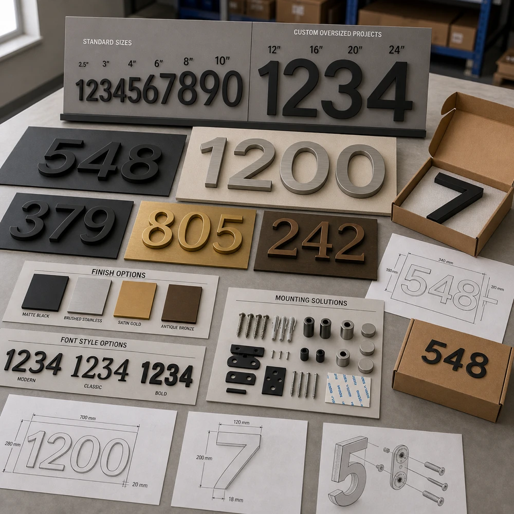 Oversized house number samples with custom sizes fonts finishes mounting kits drawings and packaging for OEM projects