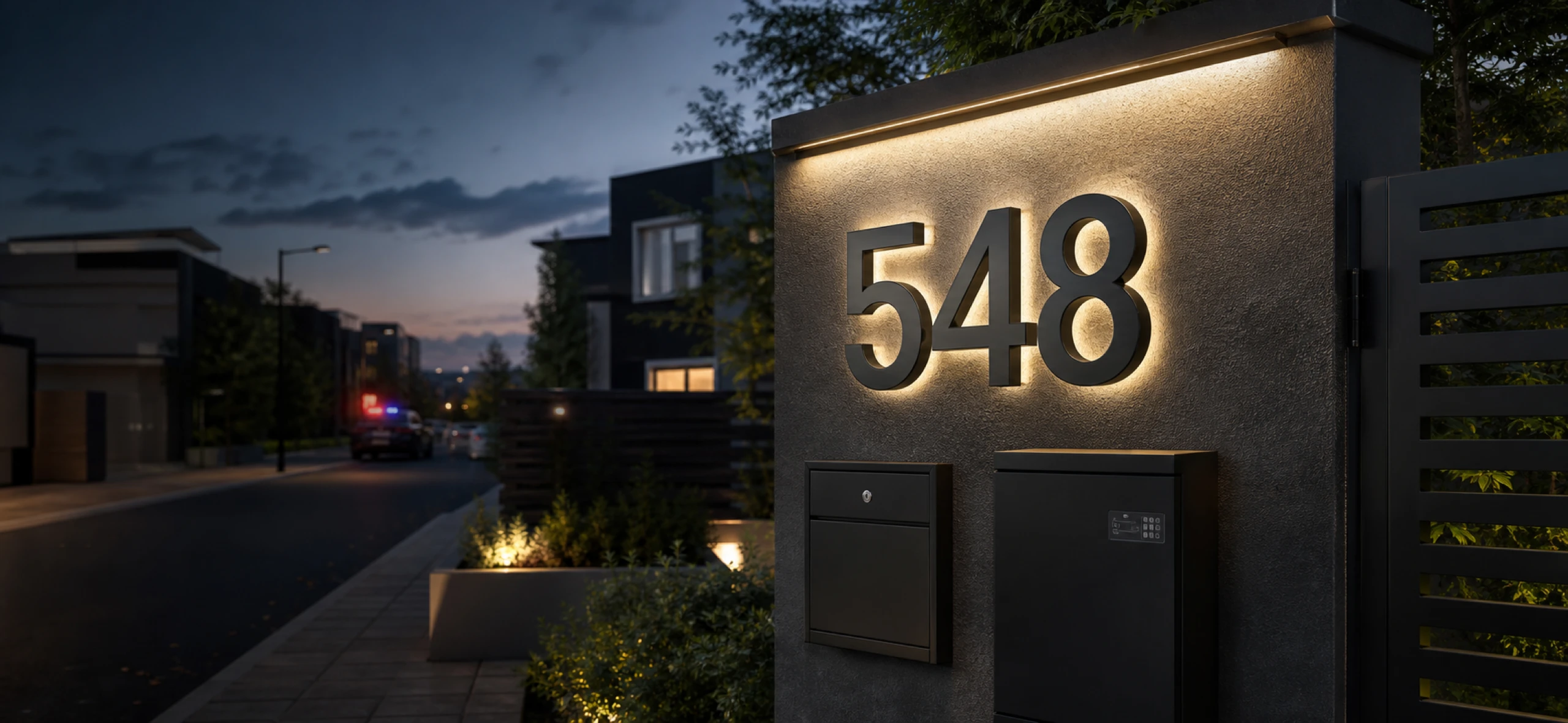 Large oversized house numbers on a modern exterior wall helping visitors couriers and emergency services identify the address from the street