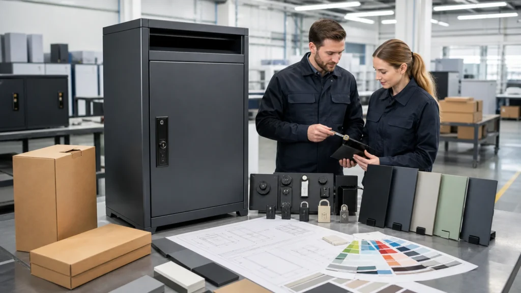 Large parcel box prototype with lock samples, color options, packaging, and production drawings for OEM and ODM customization