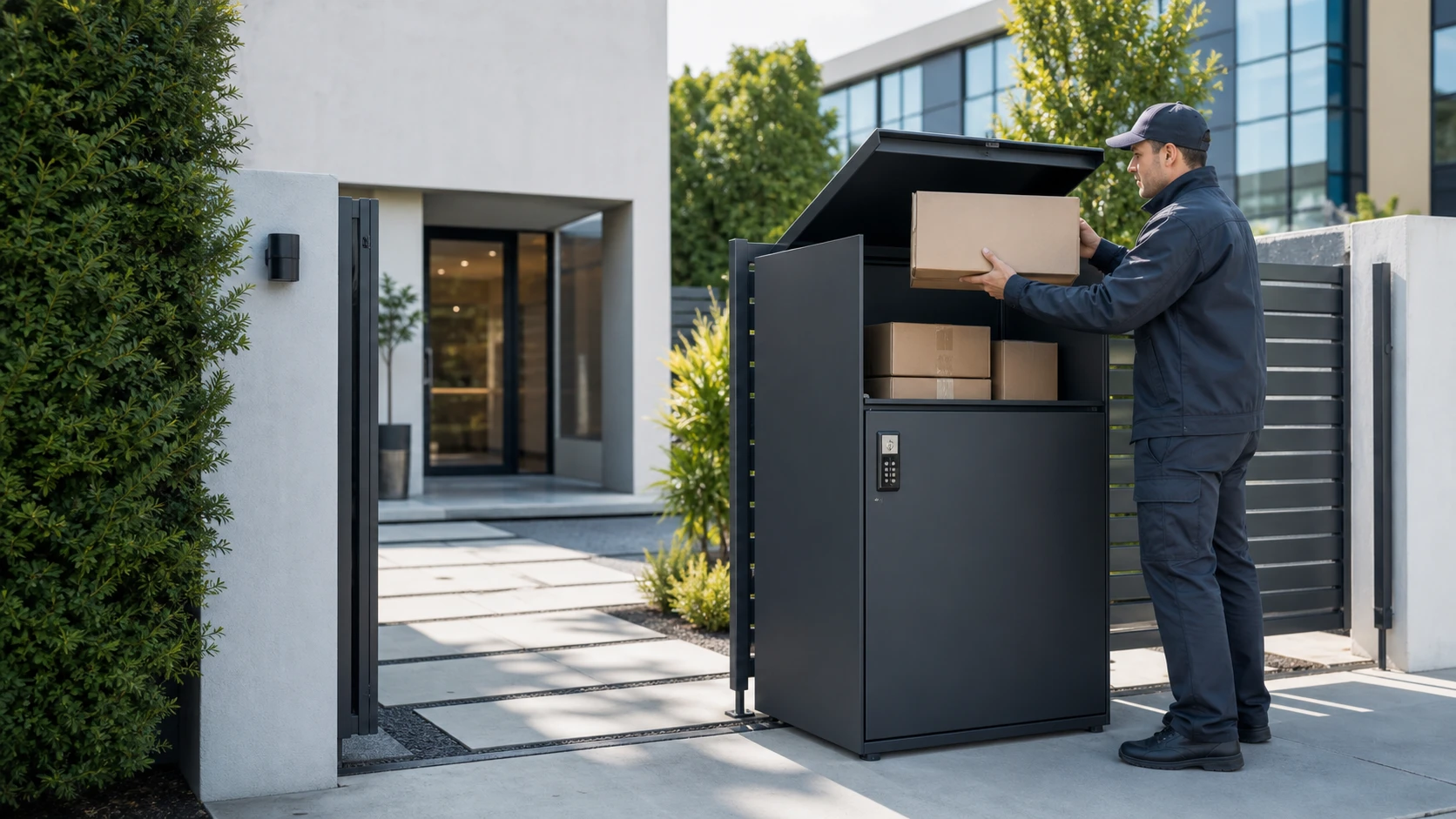 Large lockable outdoor parcel box receiving bigger packages at a residential and commercial entrance