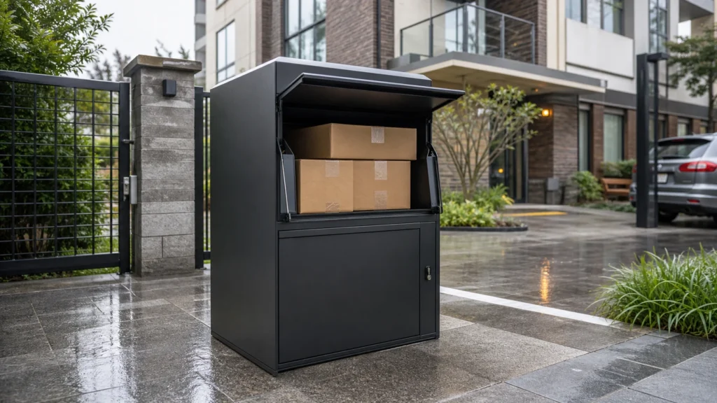 Large parcel delivery box protecting multiple packages from rain, theft, and missed deliveries at a property entrance