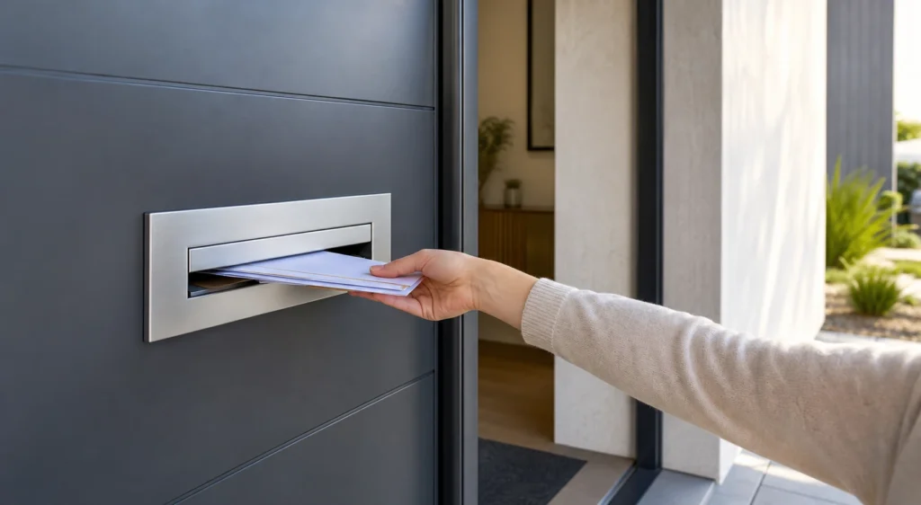 Built-in mail slot installed flush into a front door to save exterior space and allow letters to pass through cleanly