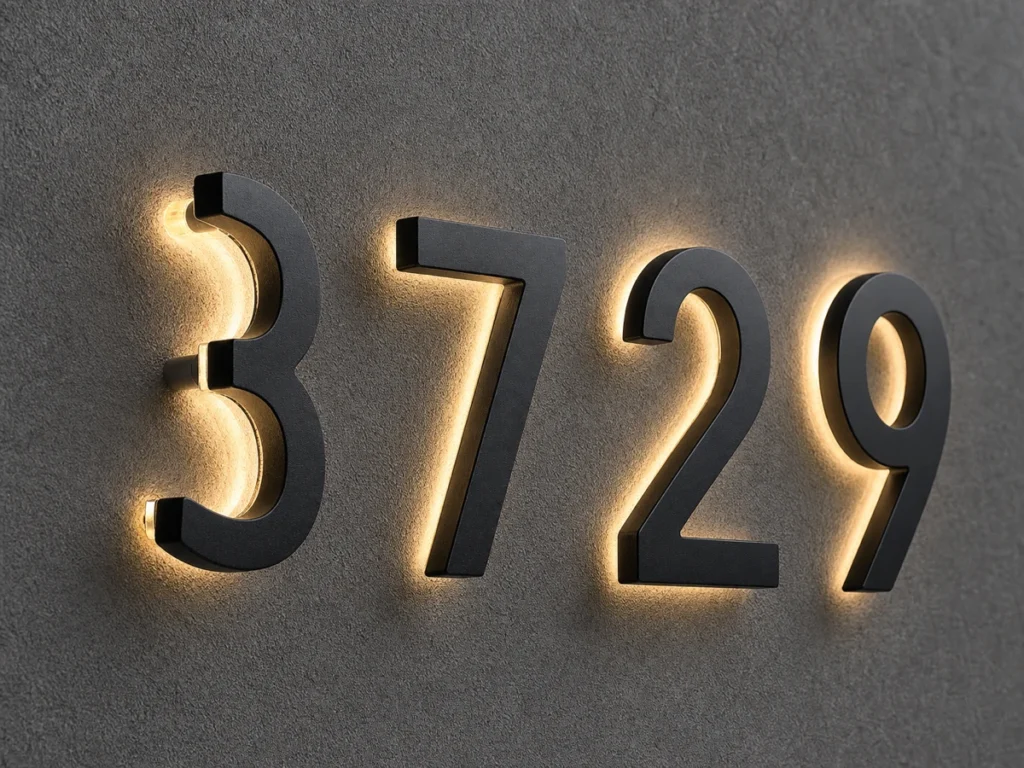 Close-up of raised metal house numbers with hidden LED backlighting and warm edge glow