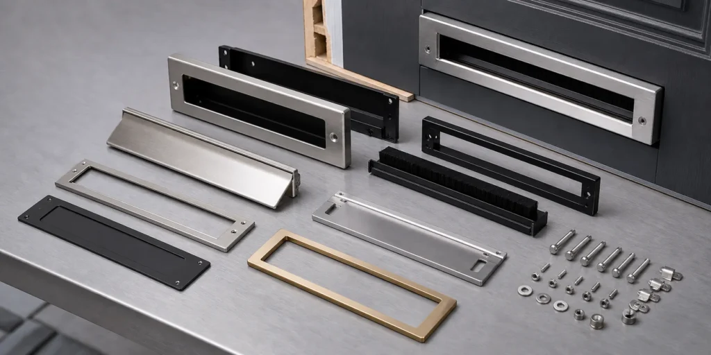 Complete mail slot accessory set with front plate, rear cover, fixing screws, brush seal, weather flap, internal trim, decorative frame, and replacement hardware