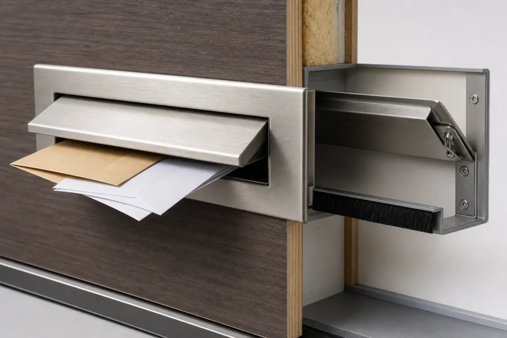 Flush metal mail slot installed in a door panel showing envelopes passing through with trim, flap, brush detail, screws, and interior cover for clean mail delivery