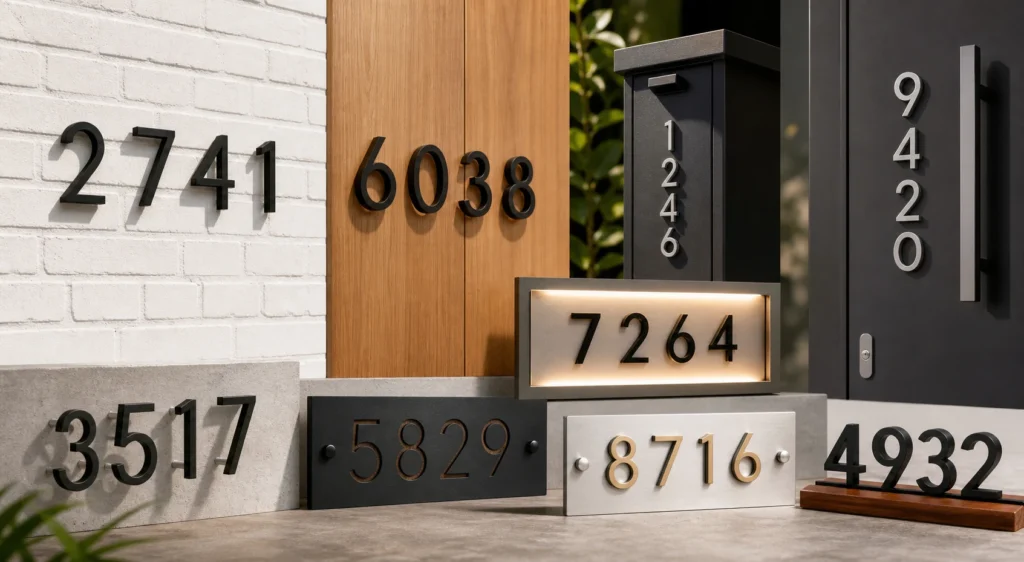 Modern black, metal, floating, backlit and plaque house number samples for brick walls, wood panels, mailboxes, gates and doors