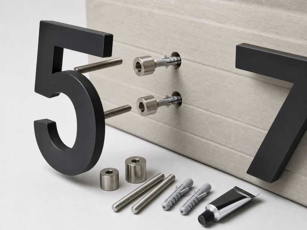 Close up of stud mount house numbers showing rear pins threaded studs spacers anchors and mounting hardware