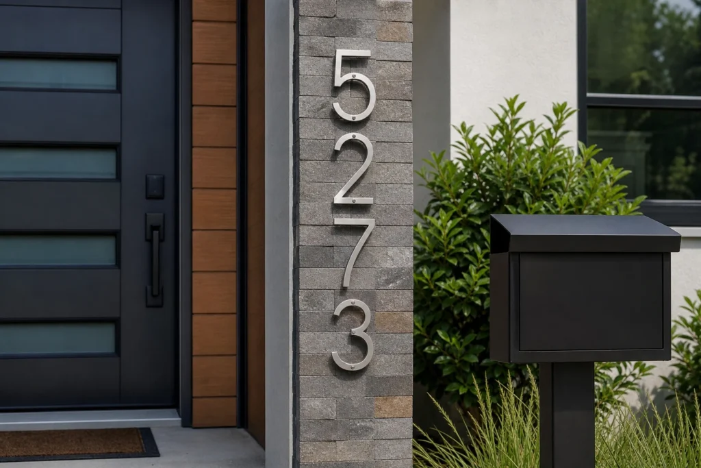 Brushed metal vertical house numbers mounted on a slim exterior wall panel to save space while keeping the address visible from the walkway