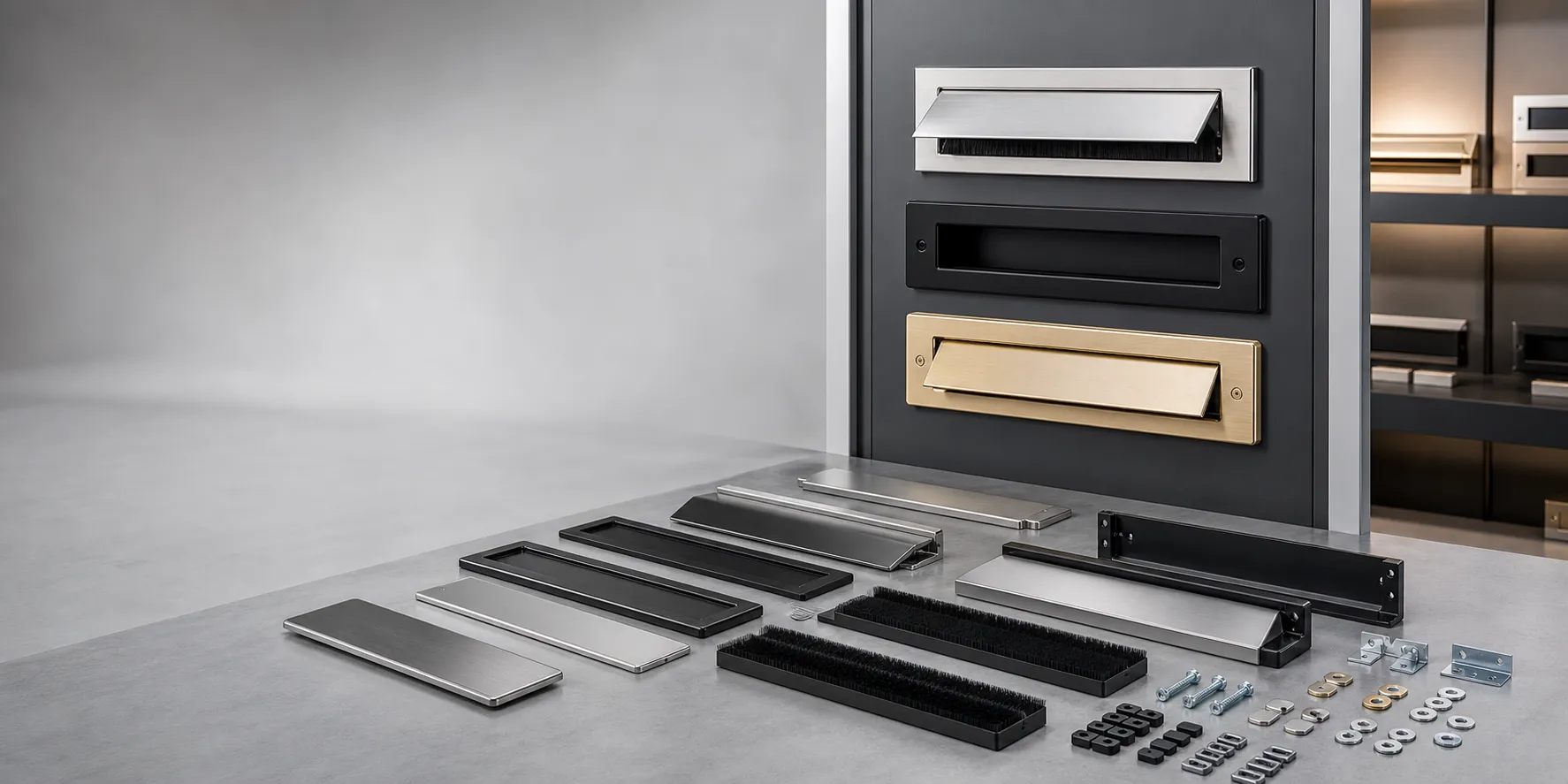 Custom mail slot accessories including flaps, covers, trims, brush inserts, fixing kits, decorative plates, and hardware for door manufacturers and building projects