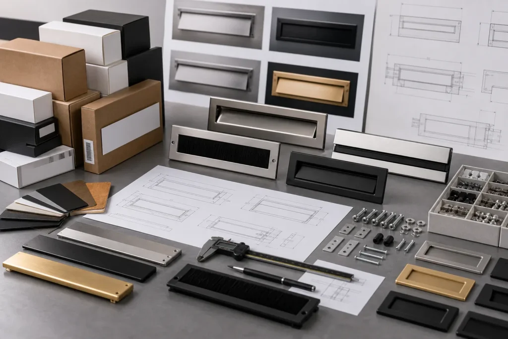 OEM and ODM mail slot accessory samples with drawings, calipers, material swatches, finish options, blank packaging, labels, and organized fitting kits