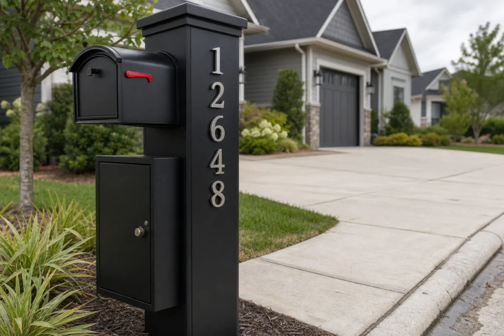 Vertical metal address numbers mounted on a mailbox and parcel box post for clear identification from the driveway