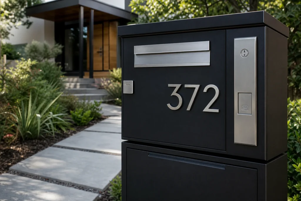 Brushed metal modern house numbers mounted on a mailbox and parcel box system for post boxes and letterbox accessories