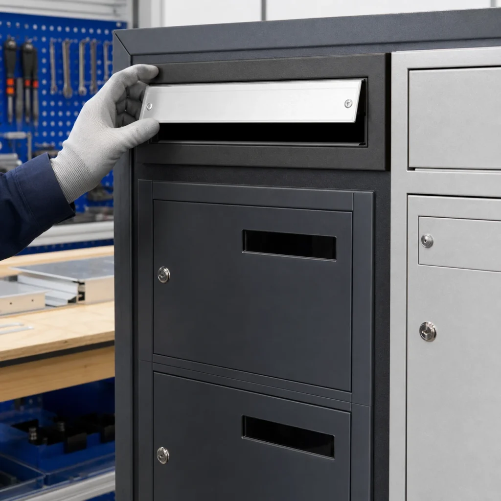 Built-in mail slot component used in a custom mailbox or parcel box project with fitted flap and metal panel
