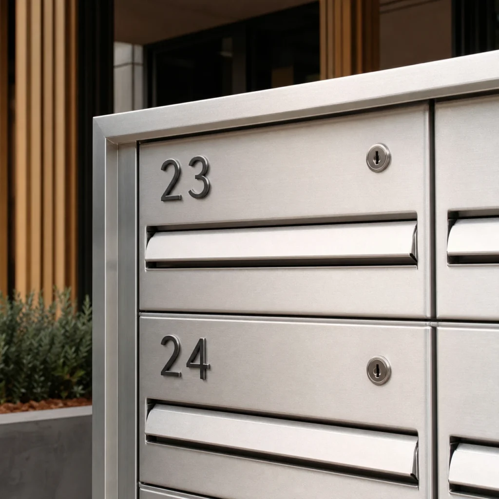Small stud mount address numbers on mailbox and parcel box panels for clean visible identification