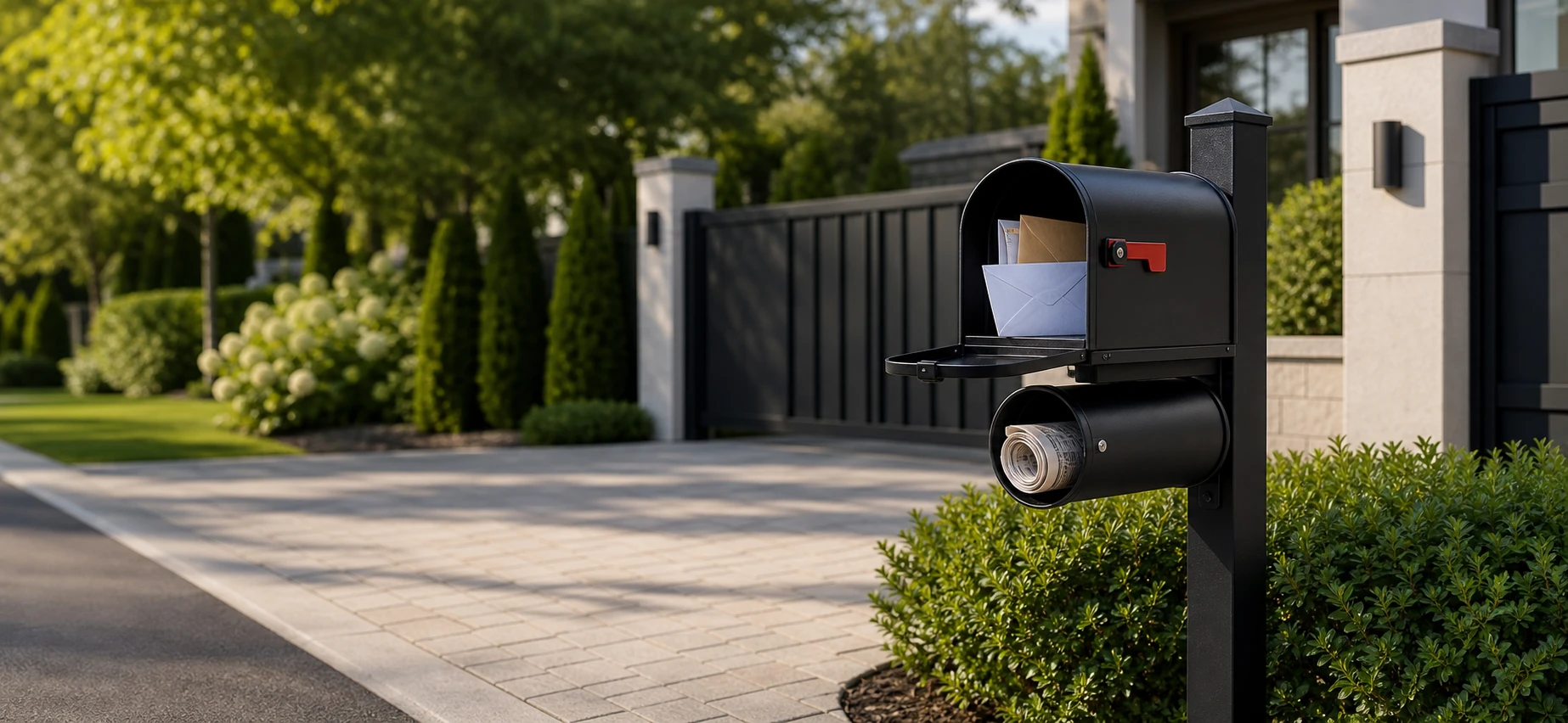 Outdoor post mounted mailbox with a separate newspaper holder keeping letters and rolled newspapers organized at a residential entrance