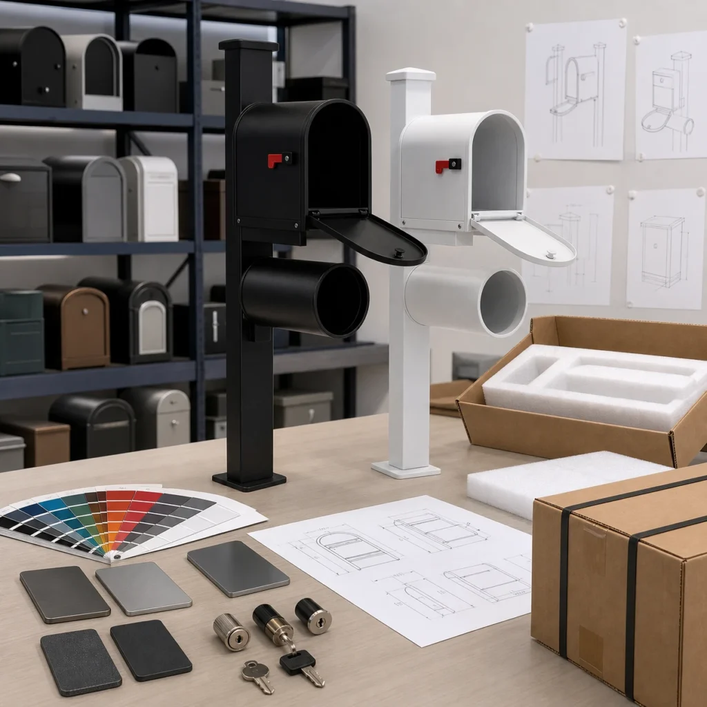 OEM mailbox prototypes with newspaper holders, color swatches, lock samples, drawings, foam protection, and export packaging