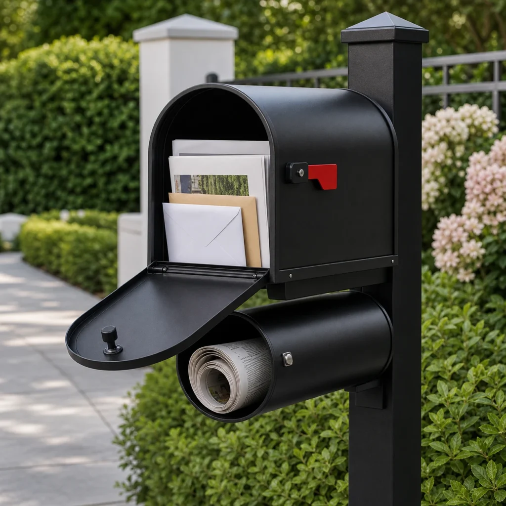 Metal outdoor mailbox with a dedicated newspaper tube separating letters, catalogues, and rolled printed materials