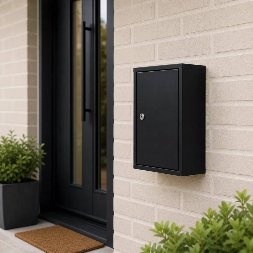 Matte black small wall mounted parcel box installed on a compact townhouse porch with front access door and key lock