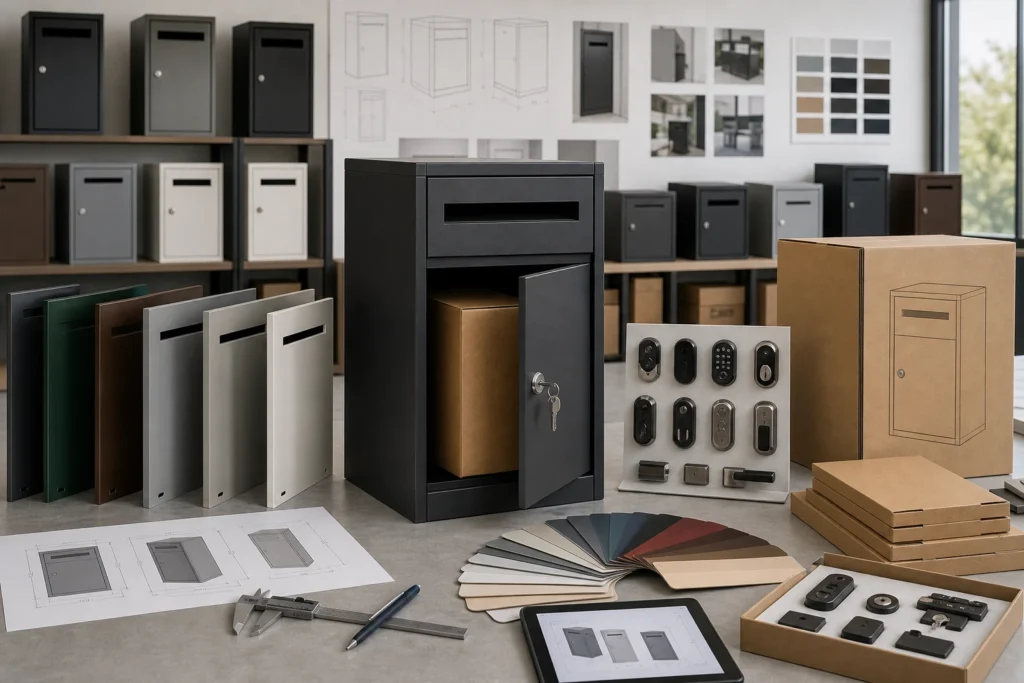 Medium parcel box OEM and ODM support with custom size, capacity, color, lock options, packaging, and quality control.