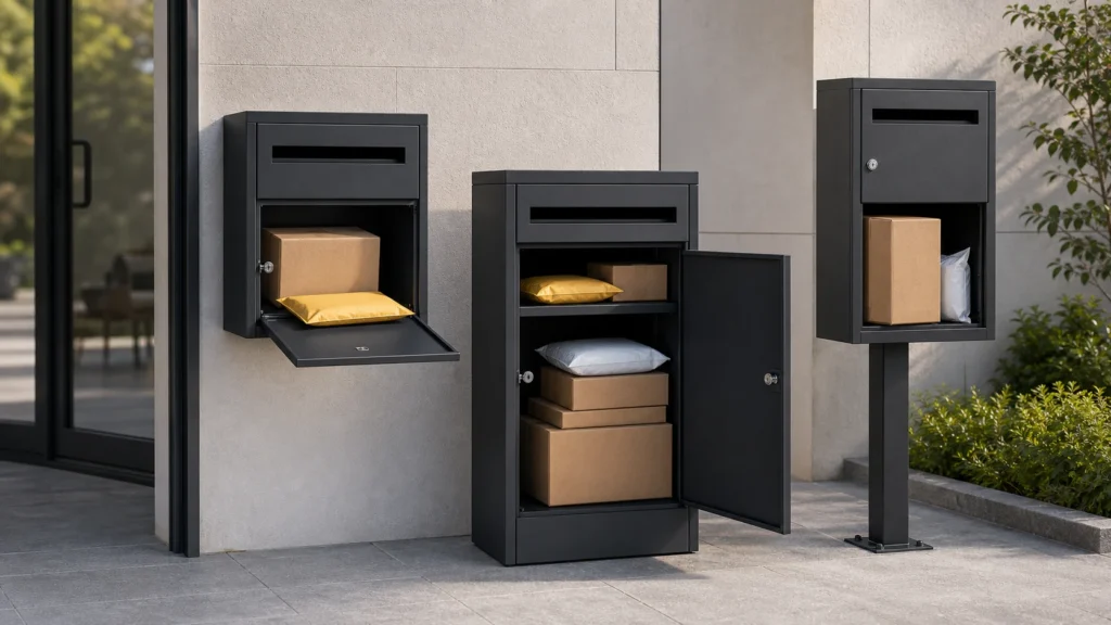 Medium parcel box options including wall-mounted, floor-standing, and post-mounted delivery boxes for daily parcels.