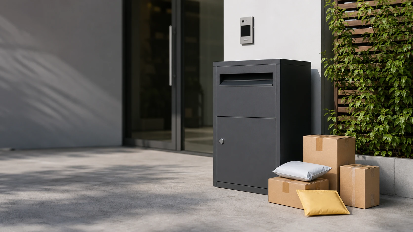 Medium parcel boxes for secure home, office, apartment, shop, and commercial entrance package deliveries.