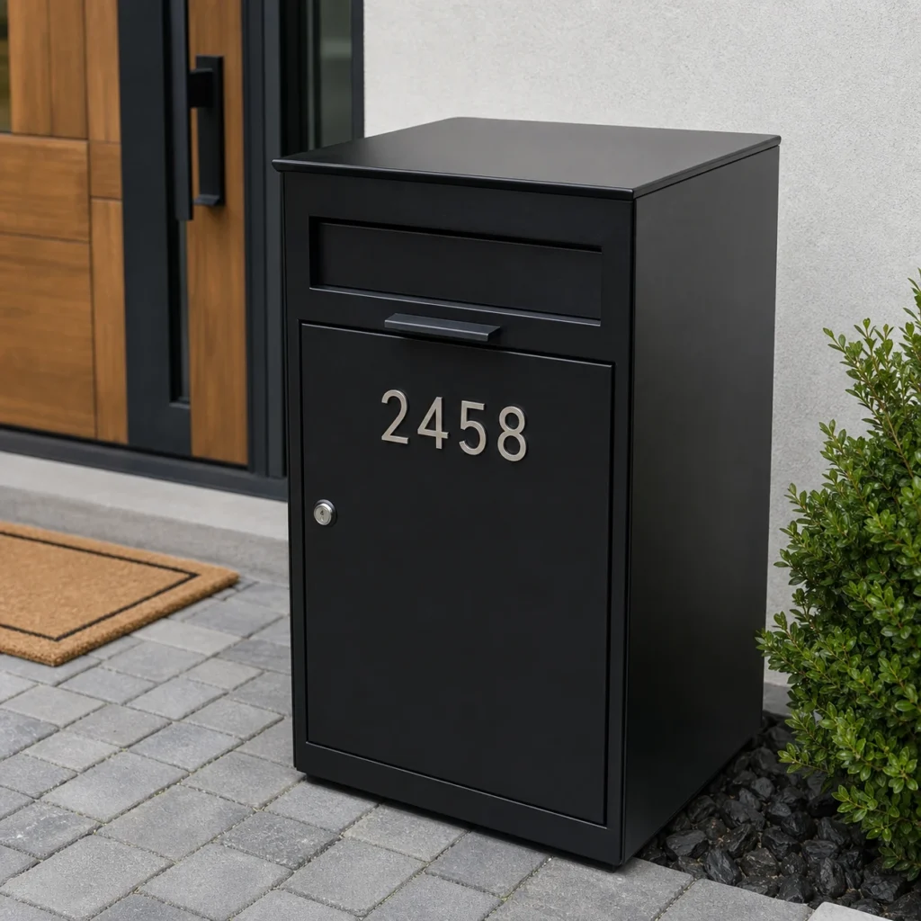 Metal address numbers mounted on a front access parcel drop box