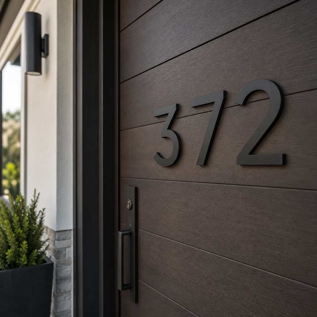 Matte black metal house numbers mounted on a modern front door