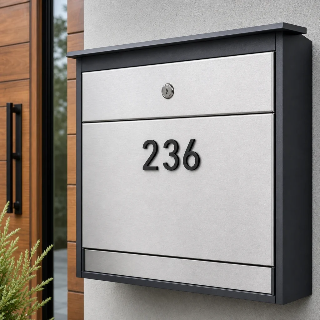 Small metal address numbers installed on a modern mailbox panel