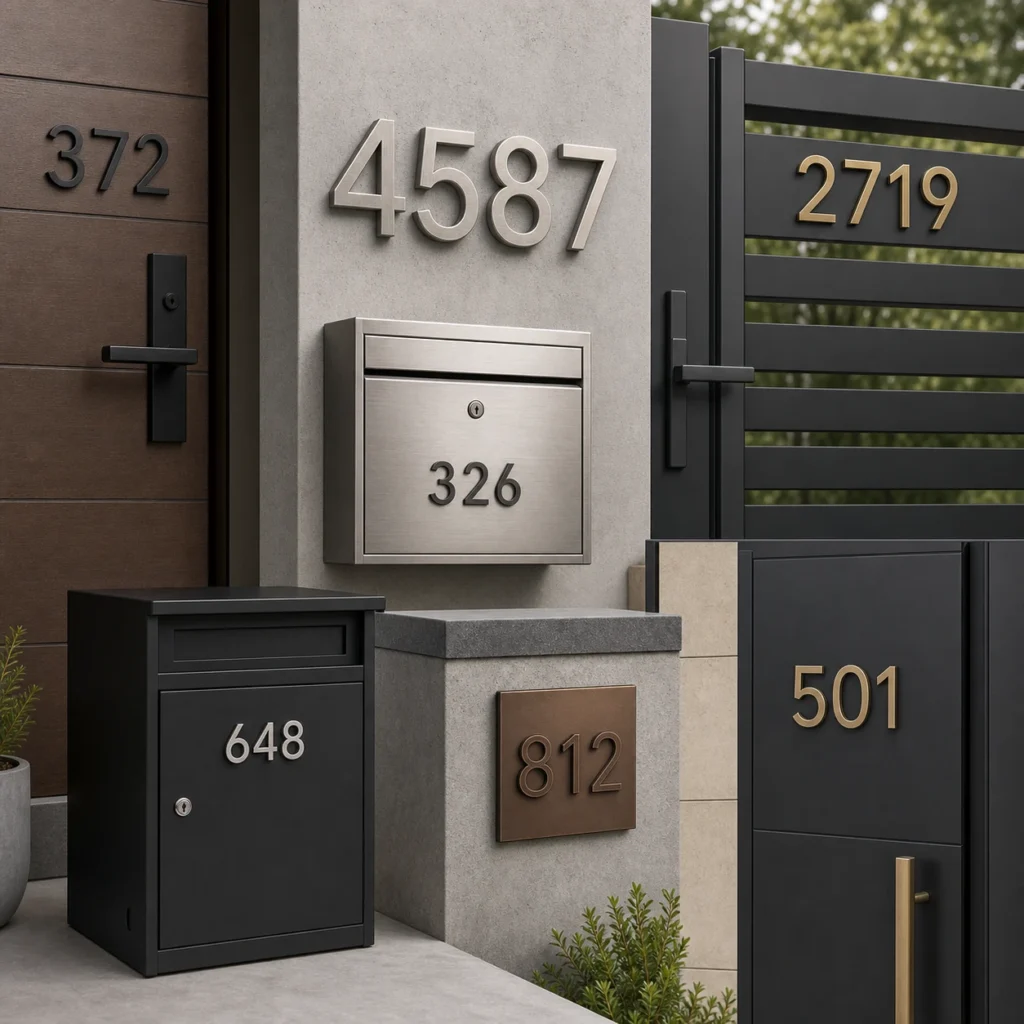 Metal house numbers displayed for doors exterior walls mailboxes parcel boxes gates fences and commercial buildings